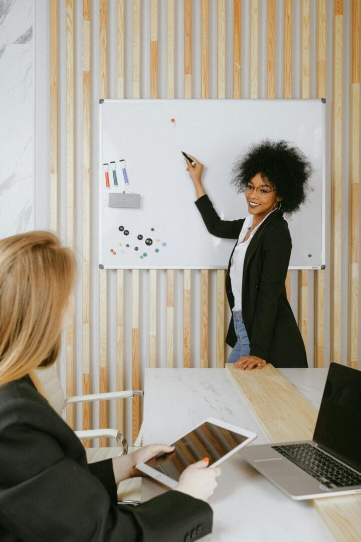 Woman drawing on the whiteboard in a meeting room